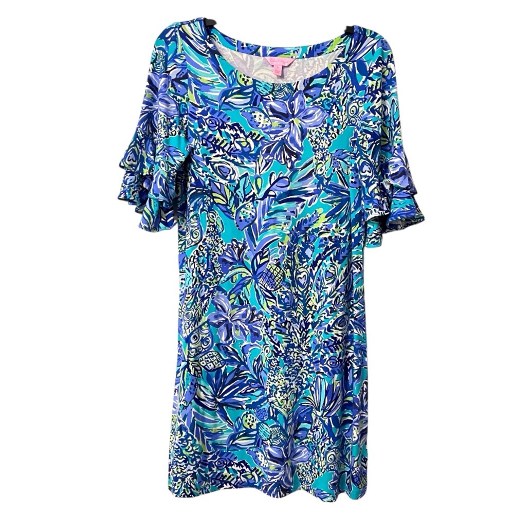 Lilly Pulitzer Lula Bonnet‎ Blue Dress Flutter Ruffle sleeves Size Small